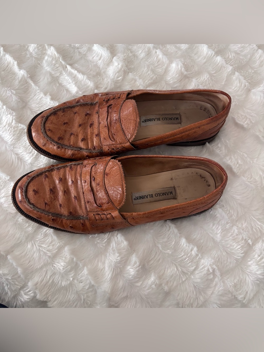 Manolo Blahnik Men's Brown Ostrich-Textured Penny Loafers size 39